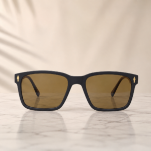 Black square sunglasses with brown tinted lenses and full-rim frame